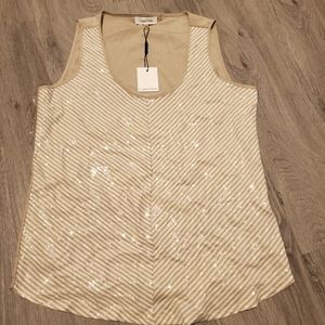 Calvin Klein Womens Top Sz Small Latte  Sequin Tank Dressy Glam Core